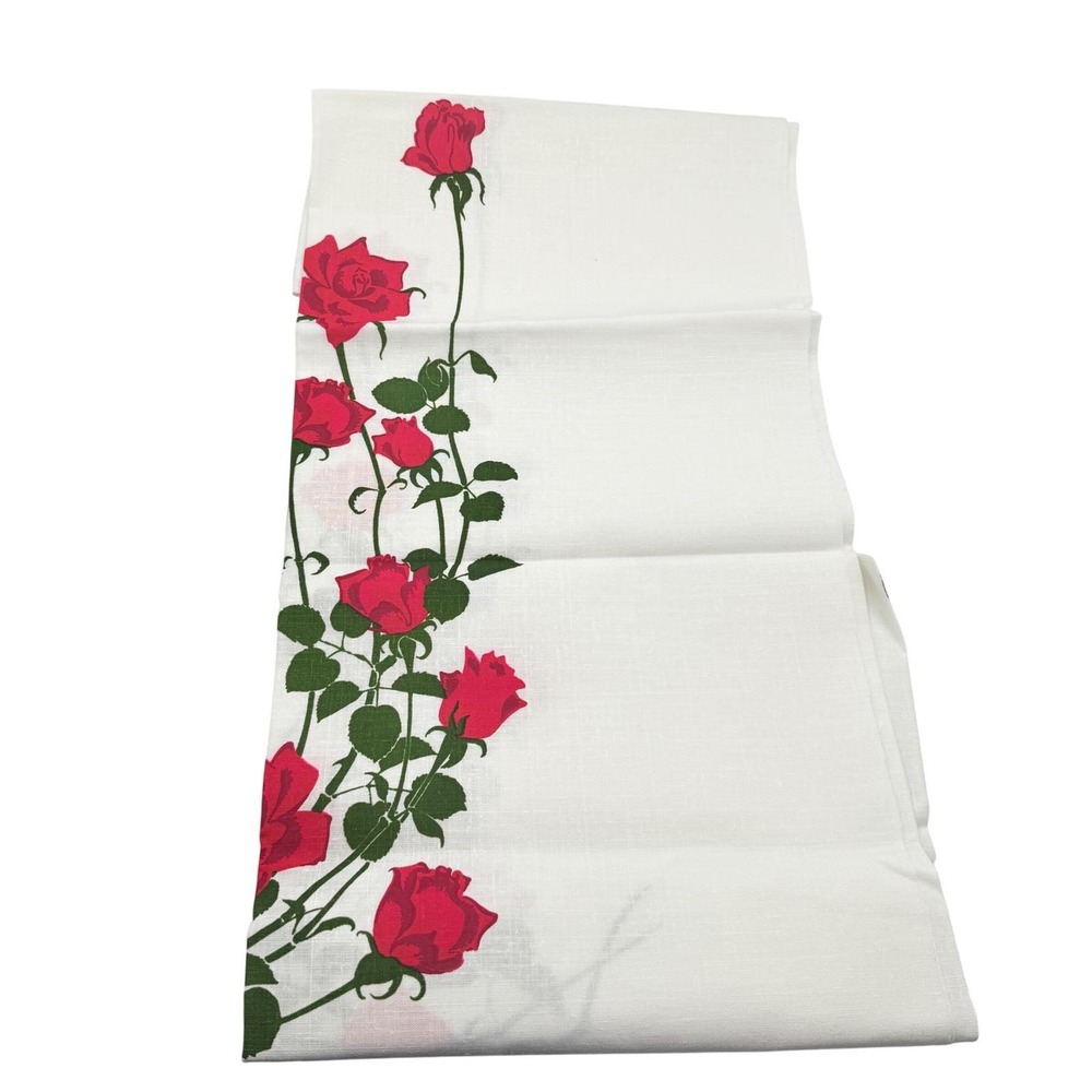 Alfred Shaheen Fabric Vtg Red Rose Floral Hand Printed Hawaii 43.75x54‎ White